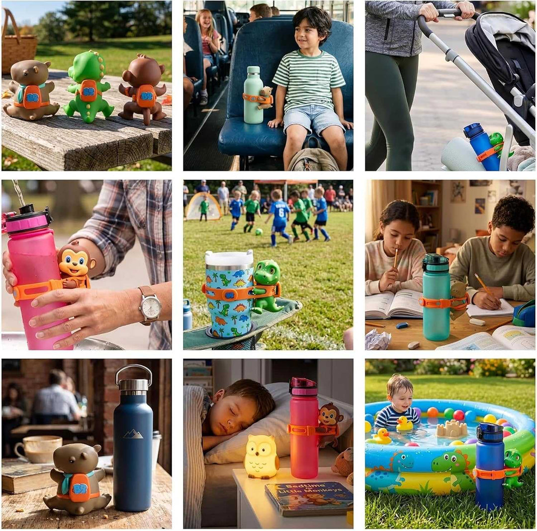 BottleBuddies character companions used on reusable water bottles during school travel sports and everyday adventures