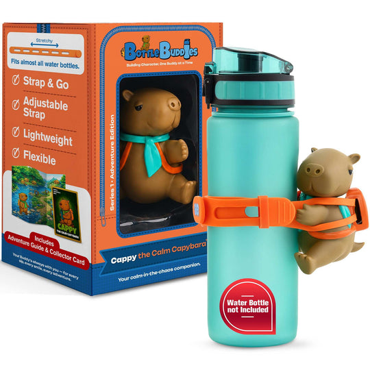 capybara water bottle accessory featuring a brown capybara figure with an orange adjustable silicone strap on a teal reusable water bottle