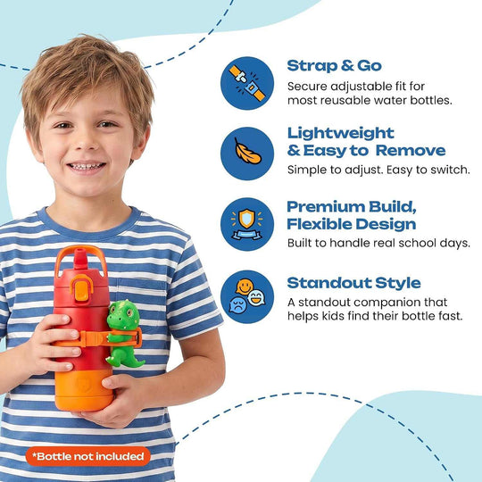 Boy holding a red reusable water bottle with a green dinosaur water bottle accessory wrapped around it, featuring adjustable silicone strap