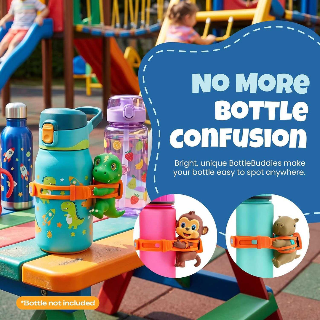 Colorful reusable water bottles with orange silicone straps featuring a green dinosaur water bottle accessory and other animal characters enhancing bottle recognition and fun