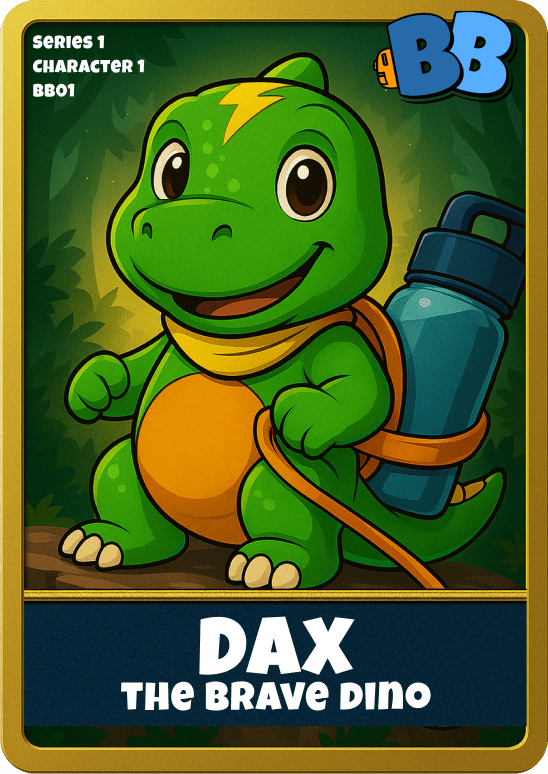 Collectible dinosaur water bottle accessory featuring a green and yellow cartoon dinosaur character named Dax the Brave Dino with a backpack and strap