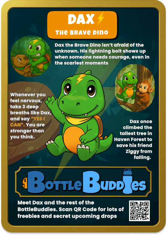 dinosaur water bottle accessory character card featuring Dax the Brave Dino with colorful cartoon graphics and text