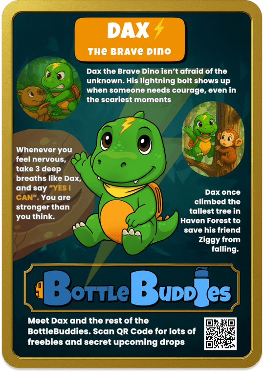 dinosaur water bottle accessory character card featuring Dax the Brave Dino with colorful cartoon graphics and text
