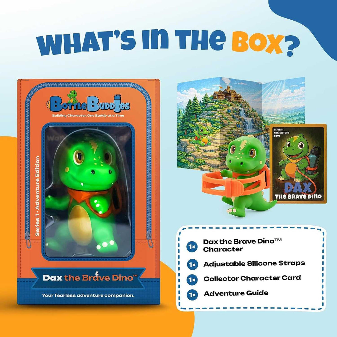 dinosaur water bottle accessory featuring a green Dax the Brave Dino character with orange adjustable silicone strap, collector card, and adventure guide