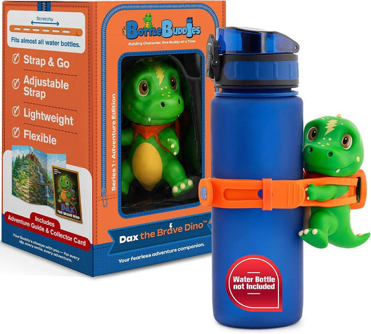 Dinosaur water bottle accessory featuring Dax the Brave Dino in green PVC with orange adjustable silicone strap on blue bottle