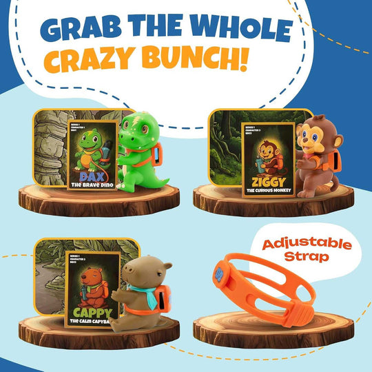 green dinosaur water bottle accessory with orange adjustable strap, featuring Dax the Brave Dino character and collectible card