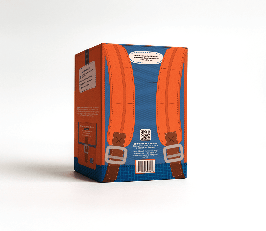 Dax the Brave Dino collectible dinosaur water bottle accessory packaging with backpack design in orange and blue colors