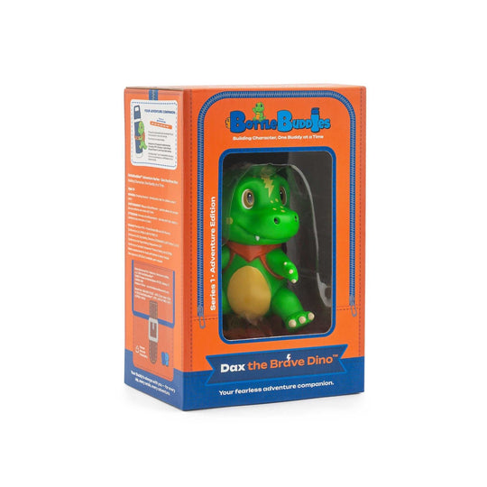 Dax the Brave Dino dinosaur water bottle accessory in green and brown premium PVC with an adjustable silicone strap, in orange and blue packaging