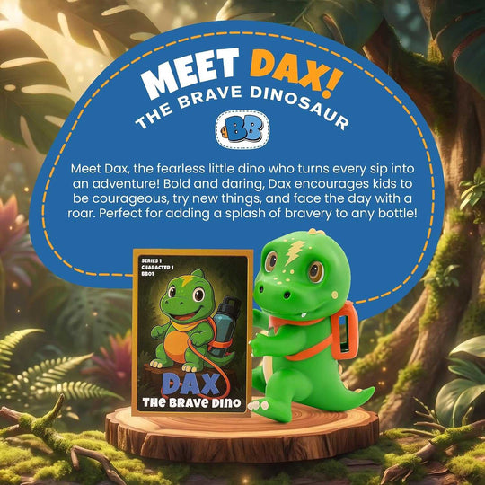 green dinosaur water bottle accessory with orange strap and lightning bolt detail next to collectible card featuring Dax the Brave Dino character