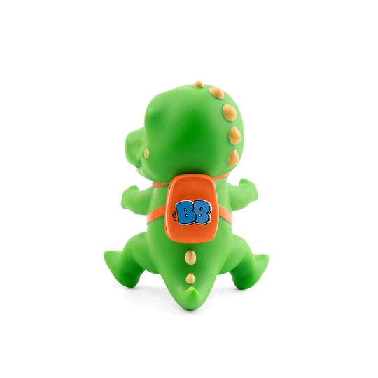 Green dinosaur water bottle accessory with orange backpack and blue BB logo, made of soft silicone, sitting pose