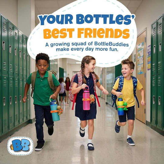 Kids water bottle accessory featuring colorful character BottleBuddies attached to reusable water bottles carried by three children walking in school hallway
