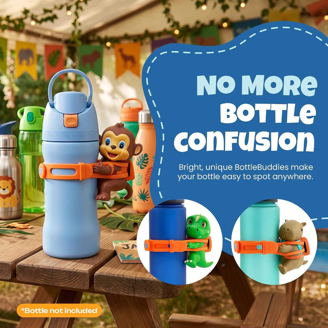 kids water bottle accessory featuring a brown monkey character with orange strap on blue reusable water bottle for easy identification