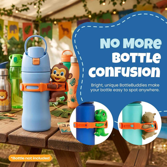 kids water bottle accessory featuring a brown monkey character with orange strap on blue reusable water bottle for easy identification