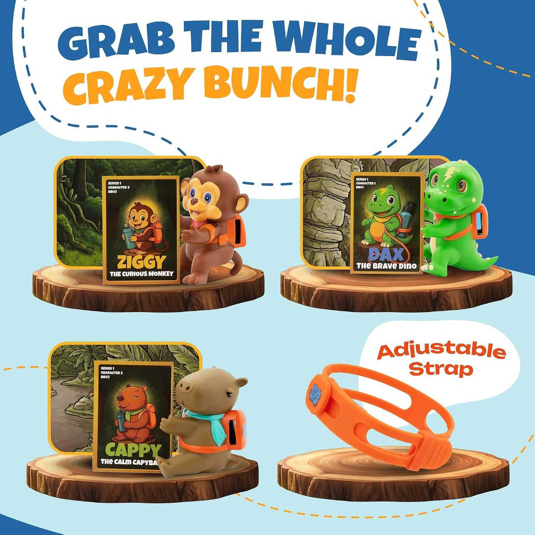 Set of kids water bottle accessory characters including Ziggy the Curious Monkey, Dax the Brave Dino, and Cappy the Calm Capybara with collectible cards and an orange adjustable strap