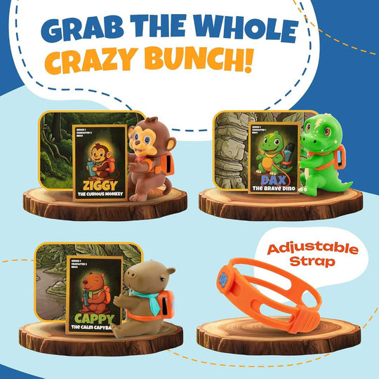 Set of kids water bottle accessory characters including Ziggy the Curious Monkey, Dax the Brave Dino, and Cappy the Calm Capybara with collectible cards and an orange adjustable strap