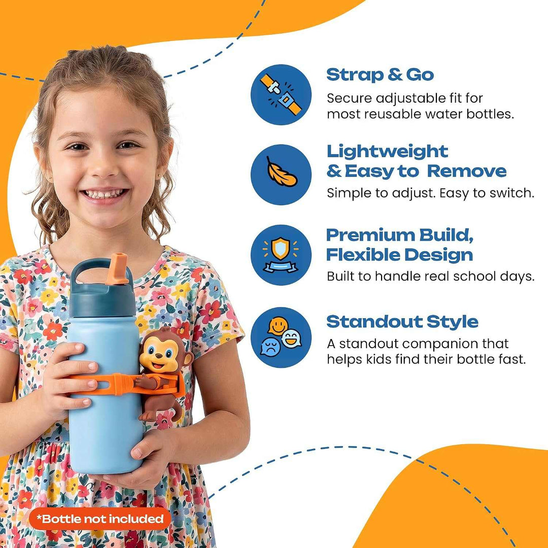 kids water bottle accessory featuring Ziggy the Curious Monkey character on a blue bottle with adjustable orange silicone strap held by smiling girl
