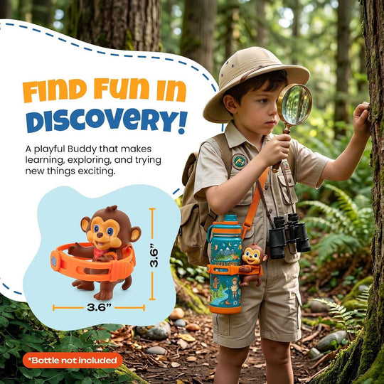 kids water bottle accessory featuring Ziggy the Curious Monkey character in brown and orange attached to a blue water bottle with explorer design