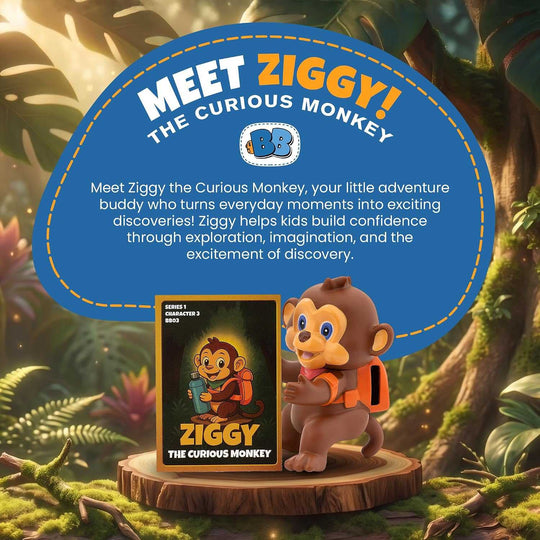 kids water bottle accessory Ziggy the Curious Monkey figure in brown with orange backpack and blue eyes sitting on a wooden platform