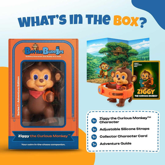 Ziggy the Curious Monkey kids water bottle accessory featuring a brown monkey figure with a red scarf, adjustable orange silicone strap, collector card, and adventure guide
